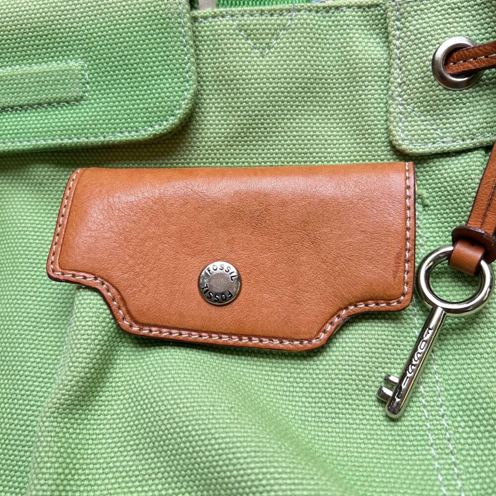 Fossil Mint Green Canvas Tote Bag Brown Leather Accents Key Striped Lining 75082 - Picture 10 of 15